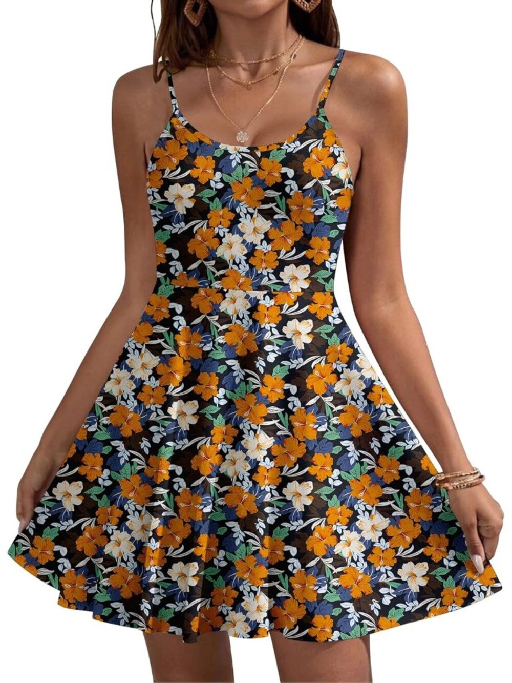 Women's Orange Floral Summer Dress Spaghetti Strap Floral Mini Casual Dress